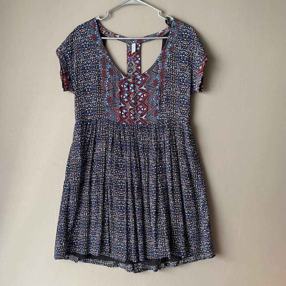 Free People Rayon Boho Beachy Relaxed Geometric T-Back Mini Dress Small‎ Blue